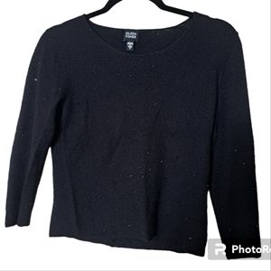 Eileen Fisher Black Beaded Cropped 3/4 Length Sleeve Top